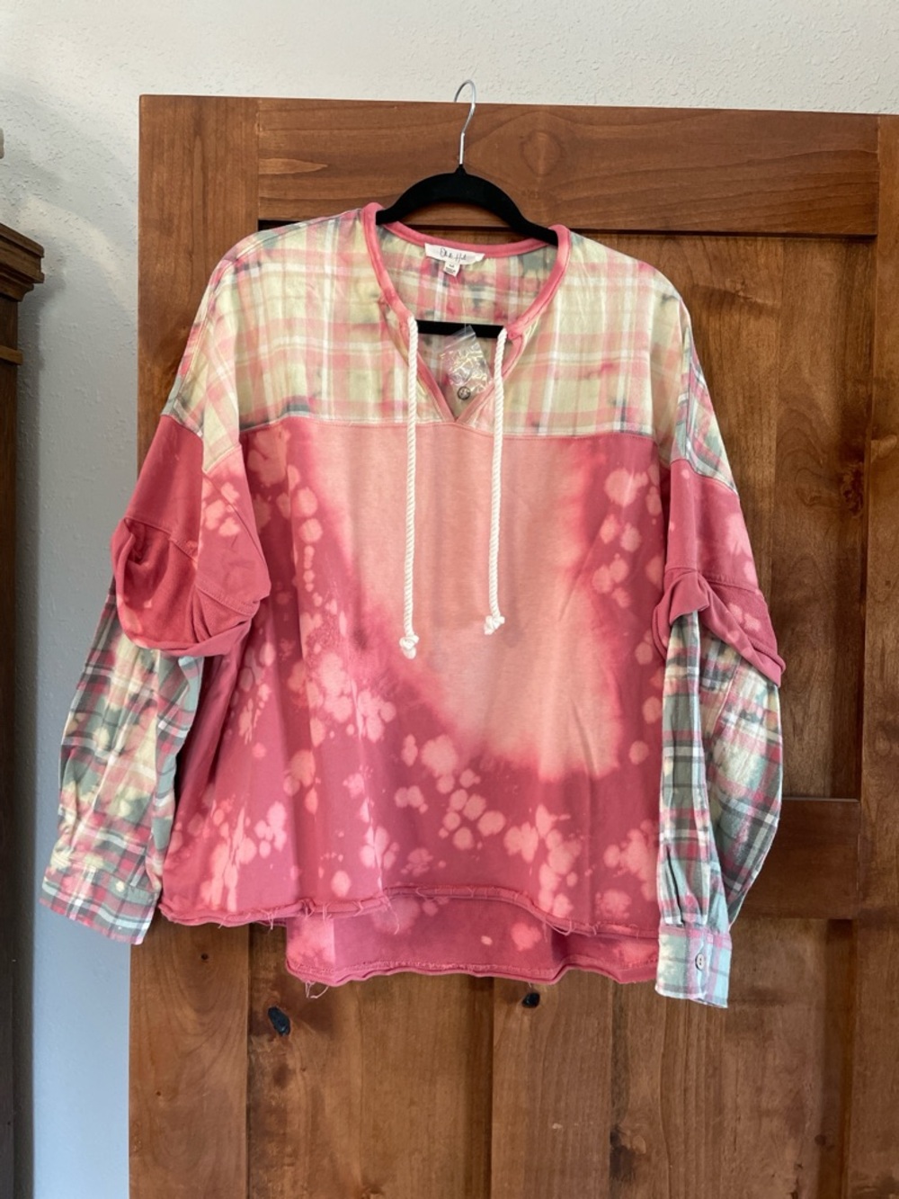 Oli & Hali Pink Tie-Dye Pullover with Plaid Sleeves